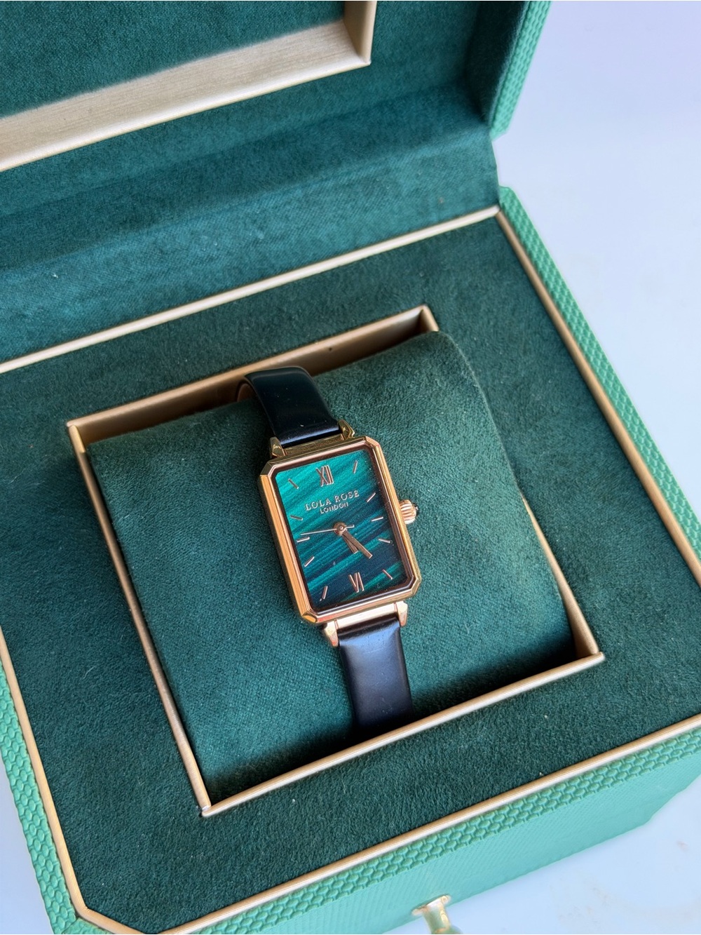 Green Dial Rectangular Rose Gold Watch with Black Leather Strap